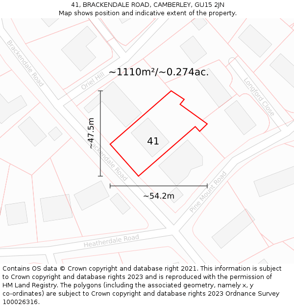 41, BRACKENDALE ROAD, CAMBERLEY, GU15 2JN: Plot and title map