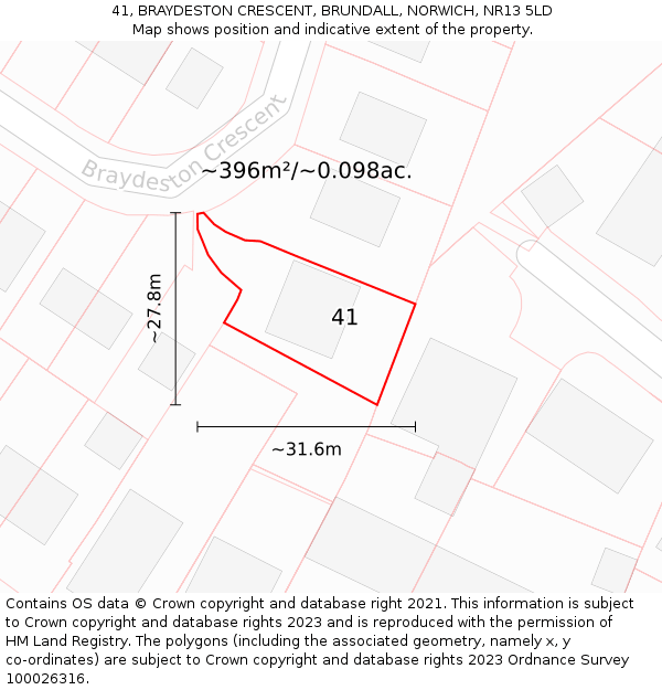41, BRAYDESTON CRESCENT, BRUNDALL, NORWICH, NR13 5LD: Plot and title map