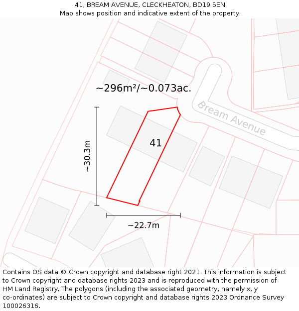 41, BREAM AVENUE, CLECKHEATON, BD19 5EN: Plot and title map