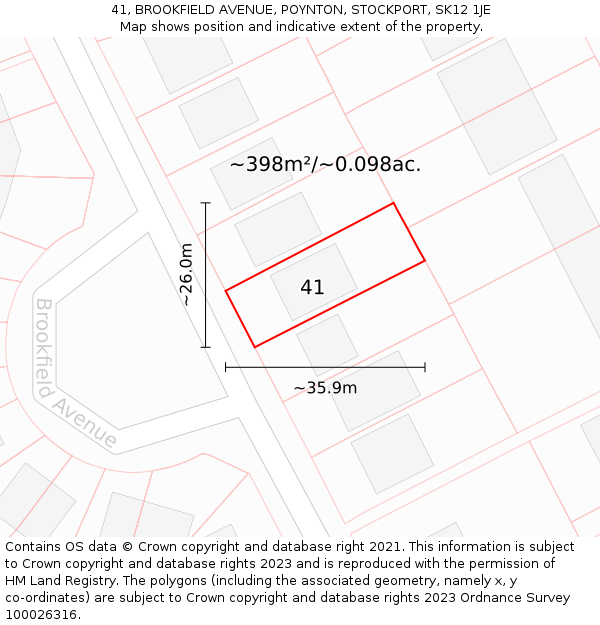 41, BROOKFIELD AVENUE, POYNTON, STOCKPORT, SK12 1JE: Plot and title map