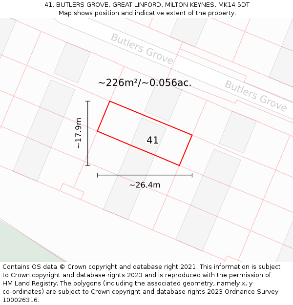 41, BUTLERS GROVE, GREAT LINFORD, MILTON KEYNES, MK14 5DT: Plot and title map