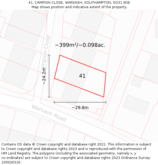 41, CAMPION CLOSE, WARSASH, SOUTHAMPTON, SO31 9DE: Plot and title map