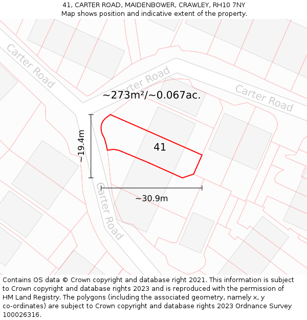 41, CARTER ROAD, MAIDENBOWER, CRAWLEY, RH10 7NY: Plot and title map