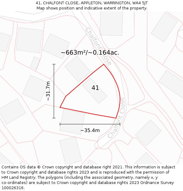 41, CHALFONT CLOSE, APPLETON, WARRINGTON, WA4 5JT: Plot and title map