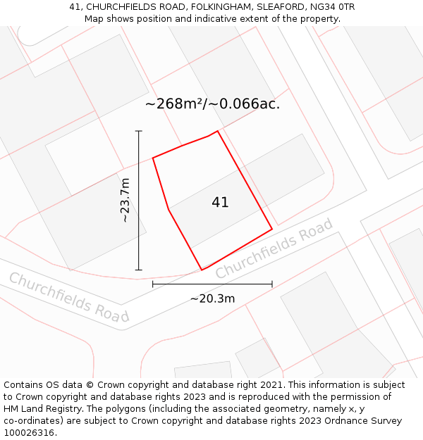 41, CHURCHFIELDS ROAD, FOLKINGHAM, SLEAFORD, NG34 0TR: Plot and title map