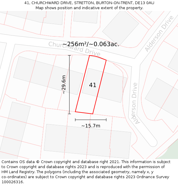 41, CHURCHWARD DRIVE, STRETTON, BURTON-ON-TRENT, DE13 0AU: Plot and title map