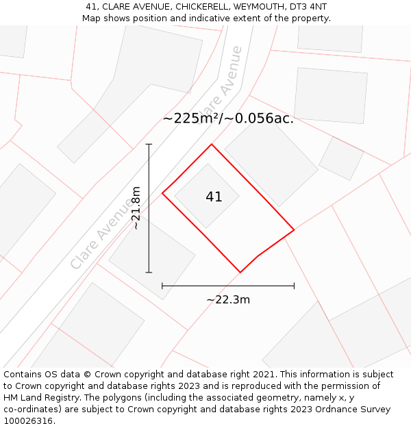 41, CLARE AVENUE, CHICKERELL, WEYMOUTH, DT3 4NT: Plot and title map