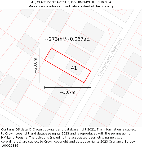 41, CLAREMONT AVENUE, BOURNEMOUTH, BH9 3HA: Plot and title map