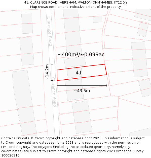 41, CLARENCE ROAD, HERSHAM, WALTON-ON-THAMES, KT12 5JY: Plot and title map