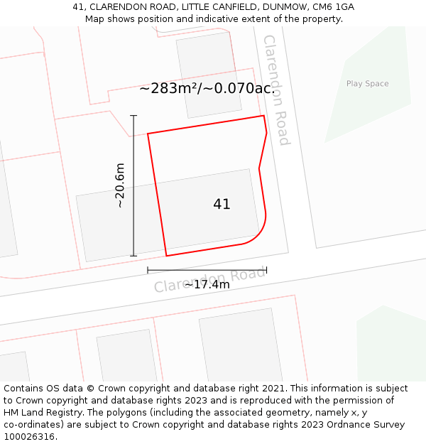 41, CLARENDON ROAD, LITTLE CANFIELD, DUNMOW, CM6 1GA: Plot and title map