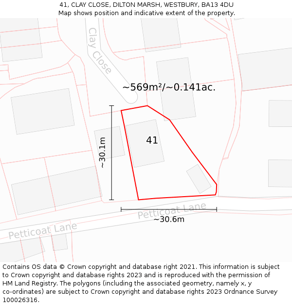 41, CLAY CLOSE, DILTON MARSH, WESTBURY, BA13 4DU: Plot and title map