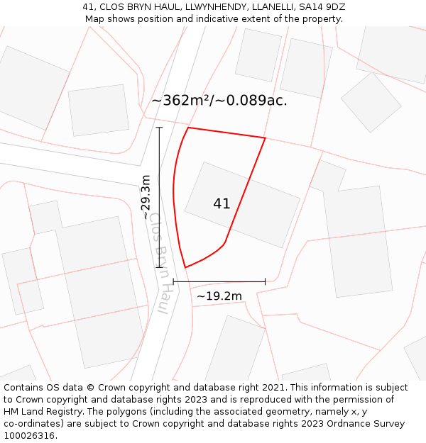 41, CLOS BRYN HAUL, LLWYNHENDY, LLANELLI, SA14 9DZ: Plot and title map