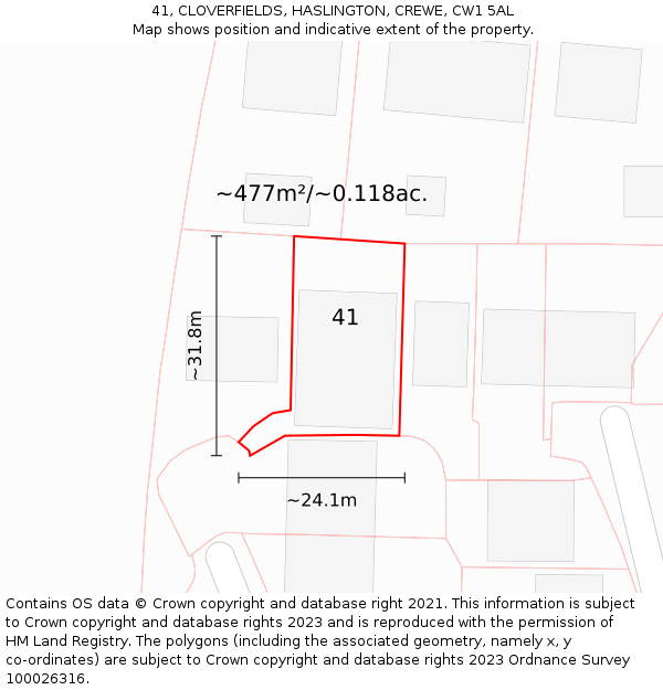 41, CLOVERFIELDS, HASLINGTON, CREWE, CW1 5AL: Plot and title map