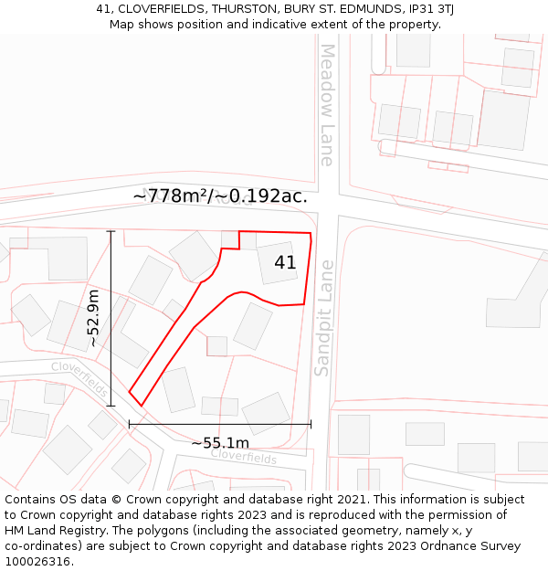 41, CLOVERFIELDS, THURSTON, BURY ST. EDMUNDS, IP31 3TJ: Plot and title map