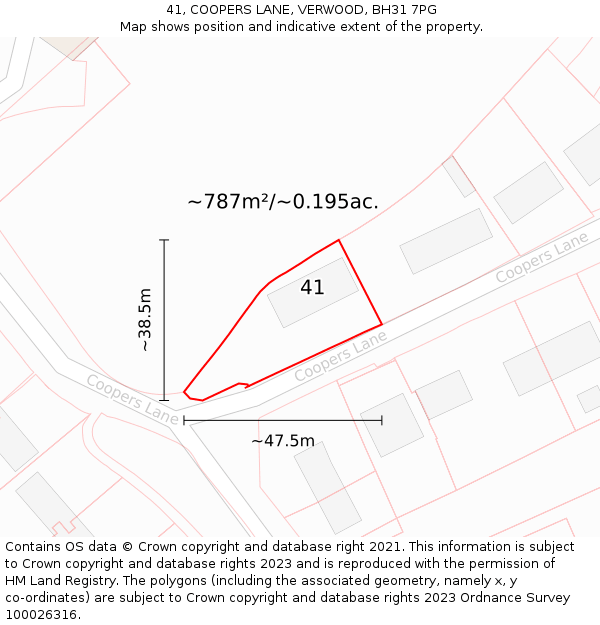 41, COOPERS LANE, VERWOOD, BH31 7PG: Plot and title map