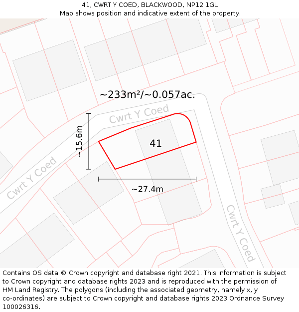 41, CWRT Y COED, BLACKWOOD, NP12 1GL: Plot and title map