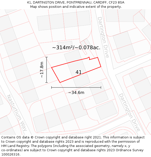 41, DARTINGTON DRIVE, PONTPRENNAU, CARDIFF, CF23 8SA: Plot and title map