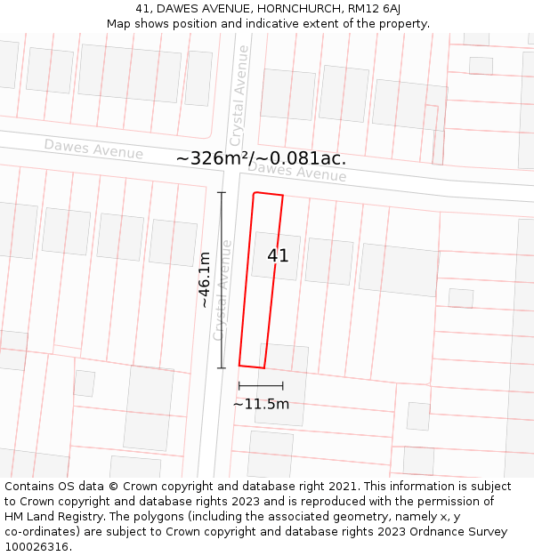 41, DAWES AVENUE, HORNCHURCH, RM12 6AJ: Plot and title map