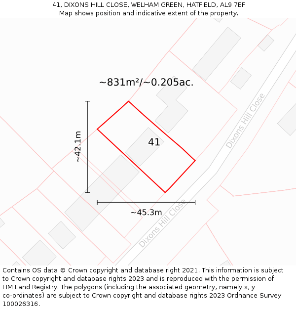 41, DIXONS HILL CLOSE, WELHAM GREEN, HATFIELD, AL9 7EF: Plot and title map