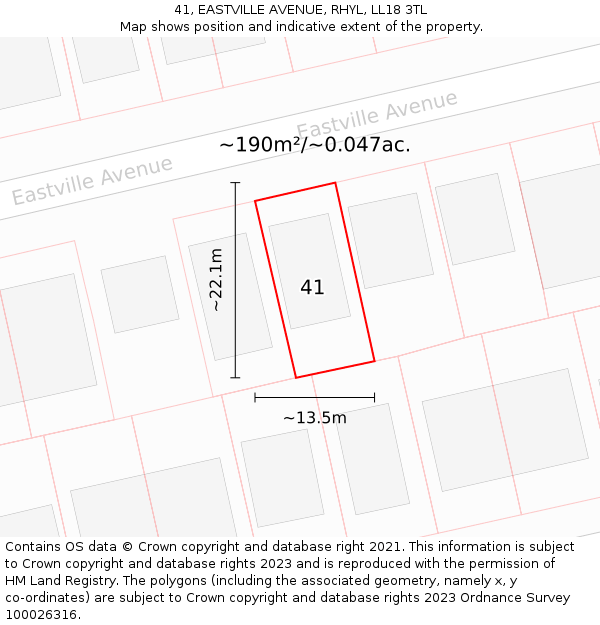 41, EASTVILLE AVENUE, RHYL, LL18 3TL: Plot and title map