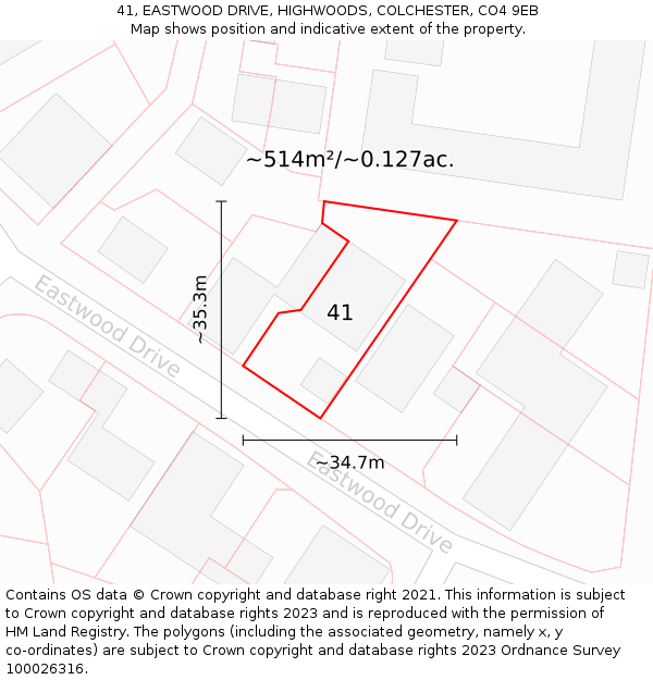 41, EASTWOOD DRIVE, HIGHWOODS, COLCHESTER, CO4 9EB: Plot and title map