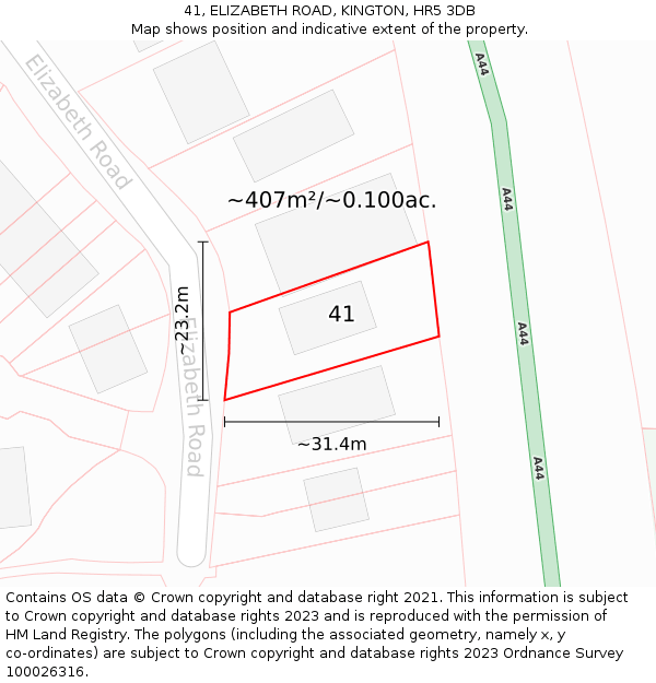 41, ELIZABETH ROAD, KINGTON, HR5 3DB: Plot and title map