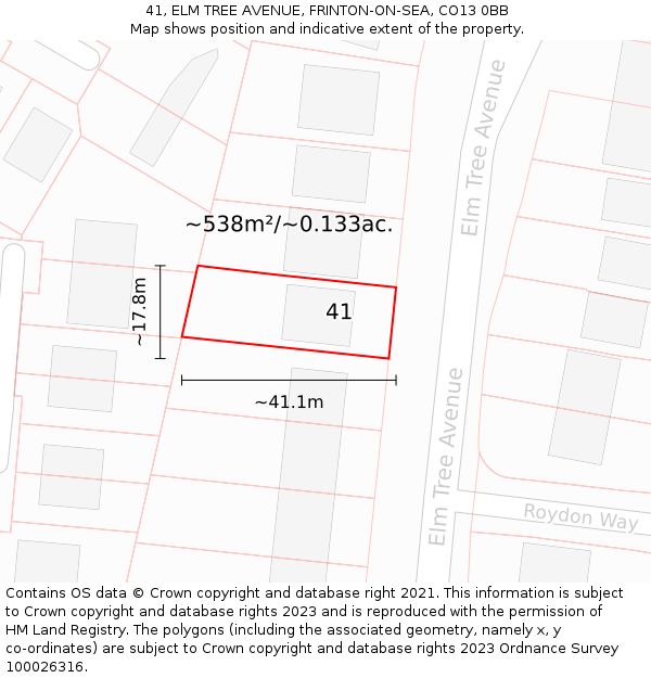 41, ELM TREE AVENUE, FRINTON-ON-SEA, CO13 0BB: Plot and title map