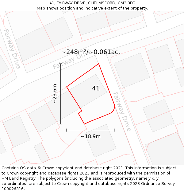 41, FAIRWAY DRIVE, CHELMSFORD, CM3 3FG: Plot and title map