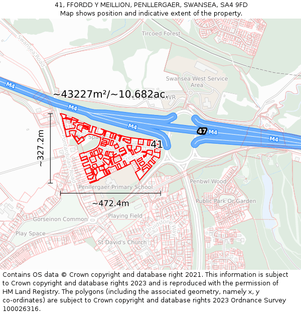 41, FFORDD Y MEILLION, PENLLERGAER, SWANSEA, SA4 9FD: Plot and title map