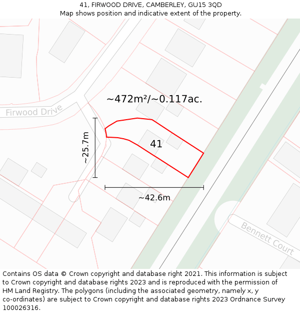 41, FIRWOOD DRIVE, CAMBERLEY, GU15 3QD: Plot and title map