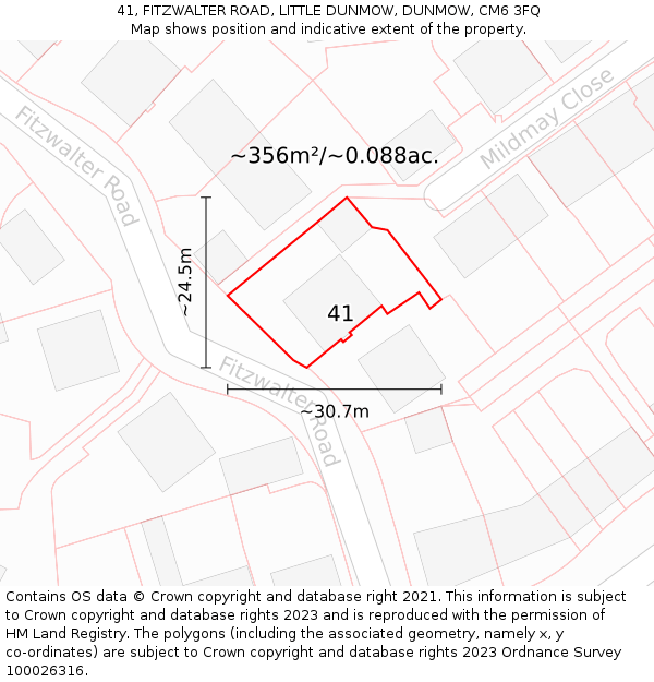 41, FITZWALTER ROAD, LITTLE DUNMOW, DUNMOW, CM6 3FQ: Plot and title map