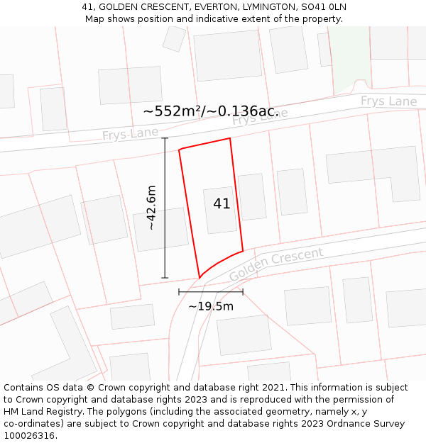 41, GOLDEN CRESCENT, EVERTON, LYMINGTON, SO41 0LN: Plot and title map