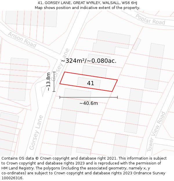 41, GORSEY LANE, GREAT WYRLEY, WALSALL, WS6 6HJ: Plot and title map