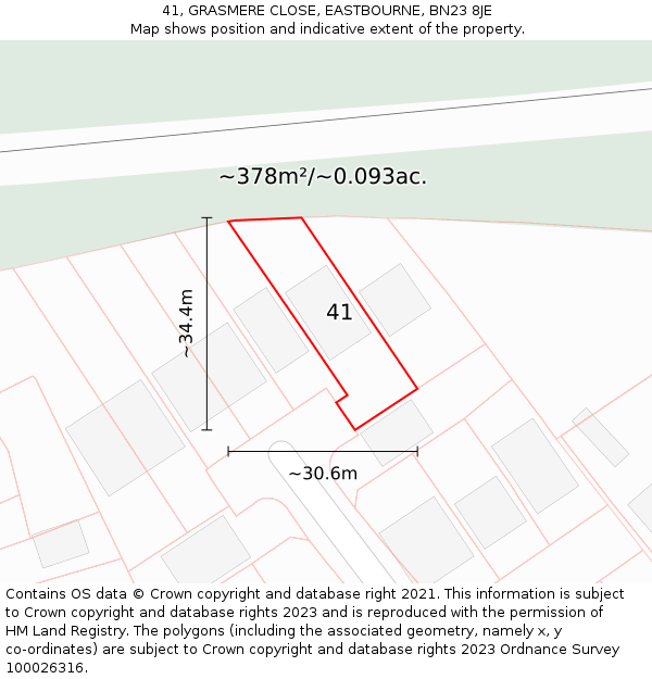 41, GRASMERE CLOSE, EASTBOURNE, BN23 8JE: Plot and title map