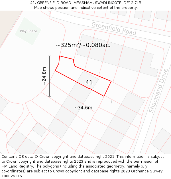 41, GREENFIELD ROAD, MEASHAM, SWADLINCOTE, DE12 7LB: Plot and title map