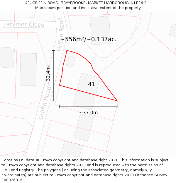 41, GRIFFIN ROAD, BRAYBROOKE, MARKET HARBOROUGH, LE16 8LH: Plot and title map