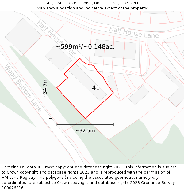 41, HALF HOUSE LANE, BRIGHOUSE, HD6 2PH: Plot and title map