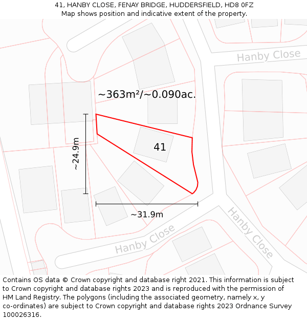 41, HANBY CLOSE, FENAY BRIDGE, HUDDERSFIELD, HD8 0FZ: Plot and title map