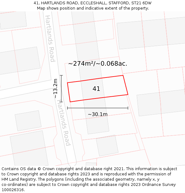 41, HARTLANDS ROAD, ECCLESHALL, STAFFORD, ST21 6DW: Plot and title map