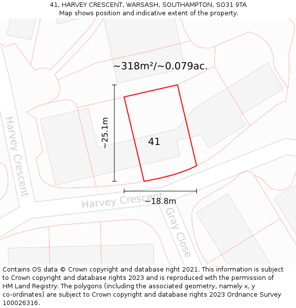 41, HARVEY CRESCENT, WARSASH, SOUTHAMPTON, SO31 9TA: Plot and title map