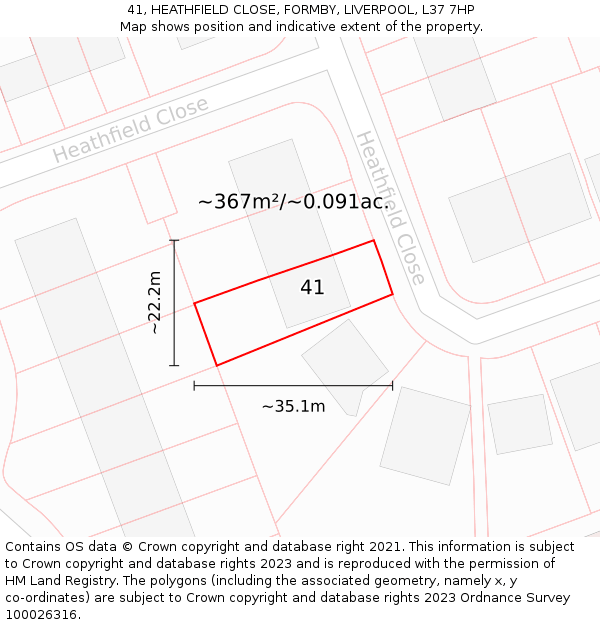 41, HEATHFIELD CLOSE, FORMBY, LIVERPOOL, L37 7HP: Plot and title map