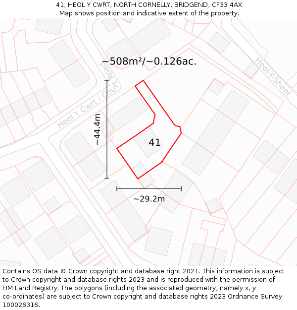 41, HEOL Y CWRT, NORTH CORNELLY, BRIDGEND, CF33 4AX: Plot and title map