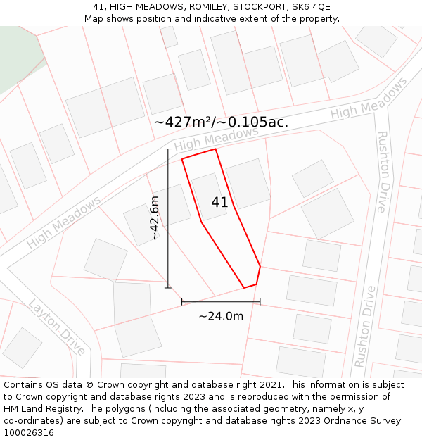 41, HIGH MEADOWS, ROMILEY, STOCKPORT, SK6 4QE: Plot and title map