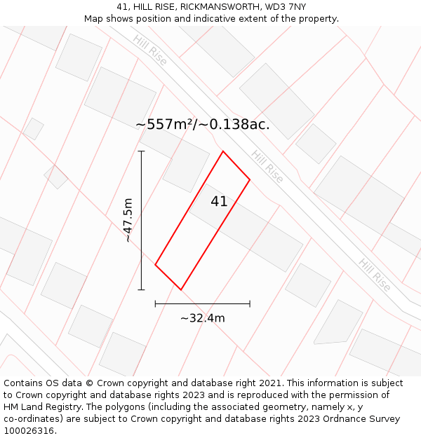 41, HILL RISE, RICKMANSWORTH, WD3 7NY: Plot and title map