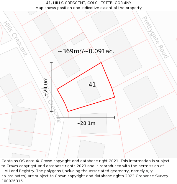 41, HILLS CRESCENT, COLCHESTER, CO3 4NY: Plot and title map