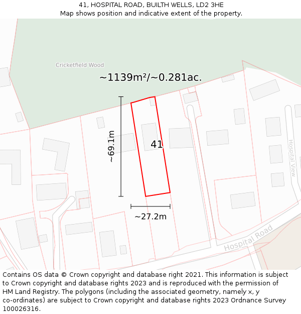 41, HOSPITAL ROAD, BUILTH WELLS, LD2 3HE: Plot and title map