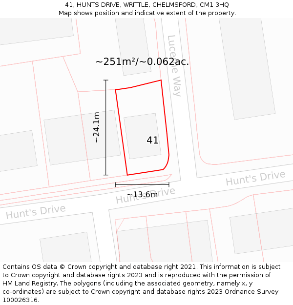 41, HUNTS DRIVE, WRITTLE, CHELMSFORD, CM1 3HQ: Plot and title map