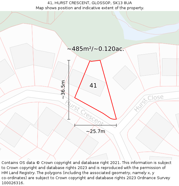 41, HURST CRESCENT, GLOSSOP, SK13 8UA: Plot and title map