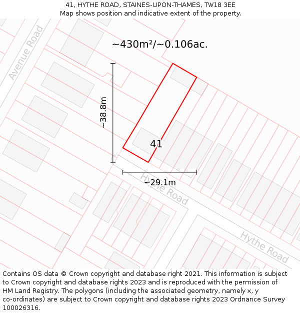 41, HYTHE ROAD, STAINES-UPON-THAMES, TW18 3EE: Plot and title map