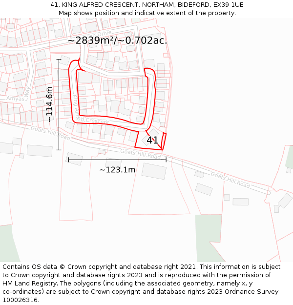 41, KING ALFRED CRESCENT, NORTHAM, BIDEFORD, EX39 1UE: Plot and title map